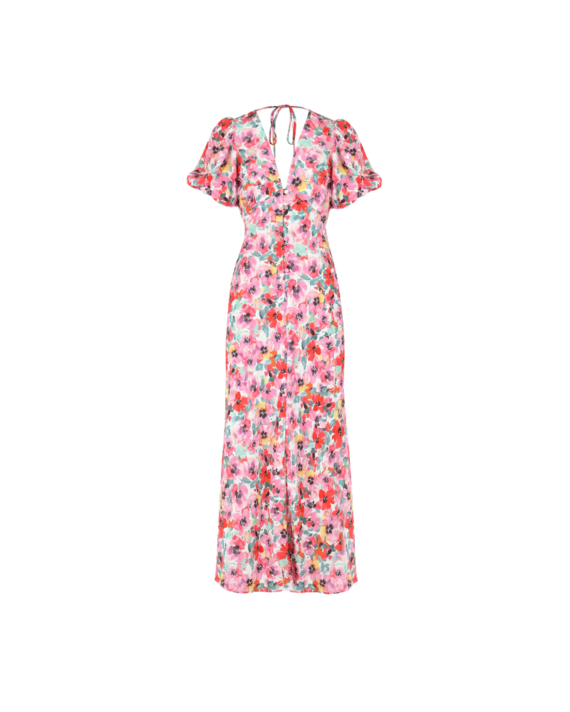 ALLEGRA SILK MIDI DRESS PANSY | Bias cut puff sleeve maxi dress crafted in our RUBY pansy floral with self covered buttons down the front and a centre front split. The silk creates a beautiful drape...