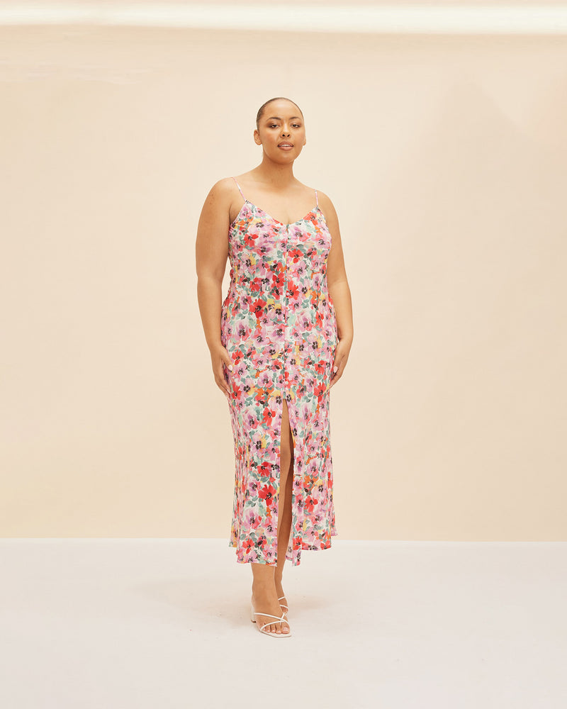 ALLEGRA SILK SLIP PANSY | Strappy silk midi slip designed in our RUBY pansy floral. Features mock buttons down the centre front that finish with a front split and a V neckline.
