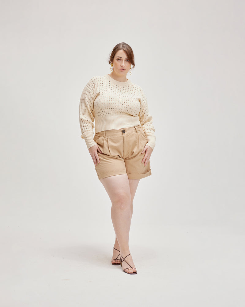 KATA SWEATER FRENCH VANILLA | Lattice knit sweater with ribbed hem detailing designed in a cream shade, light weight yarn. The knit detailing adds a point of interest to this staple summer sweater.