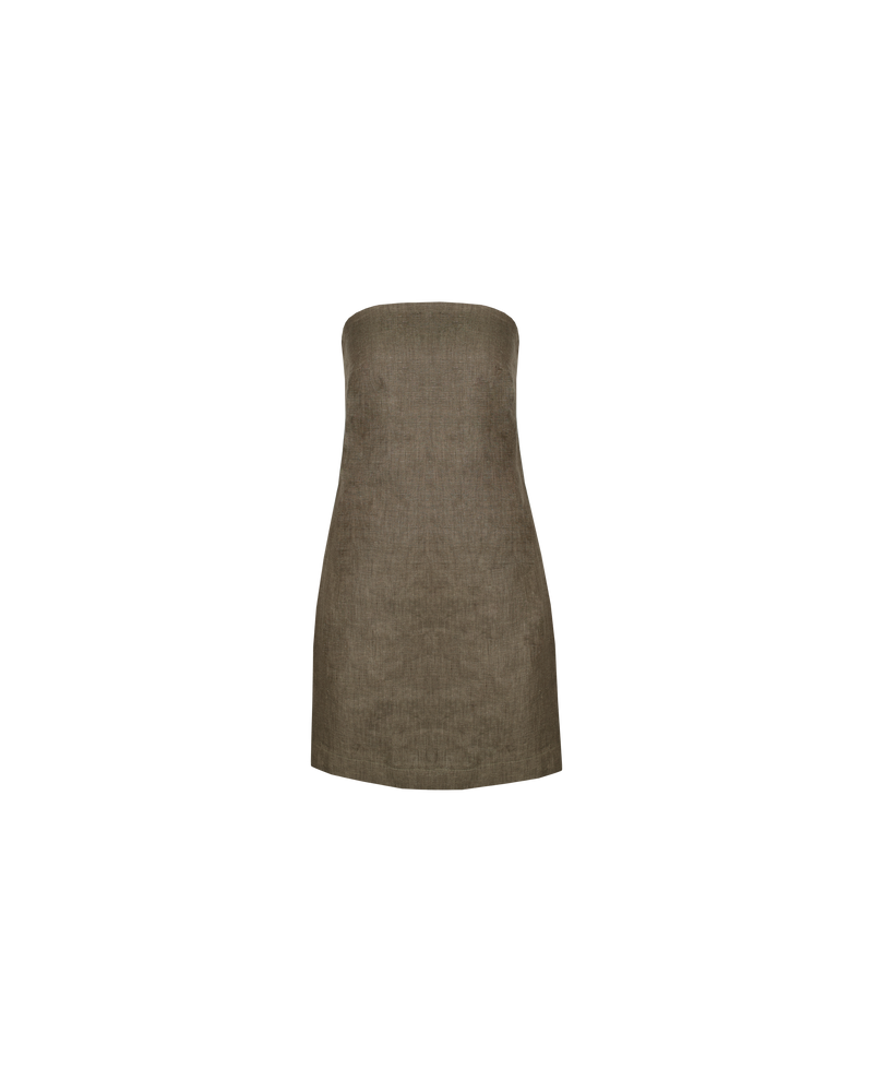 AVA LINEN MINI DRESS KHAKI | This mini dress has a fitted bodice that falls to an A-line shape that finishes at mid-thigh. Cut in a khaki linen, this dress can be easily dressed up or...