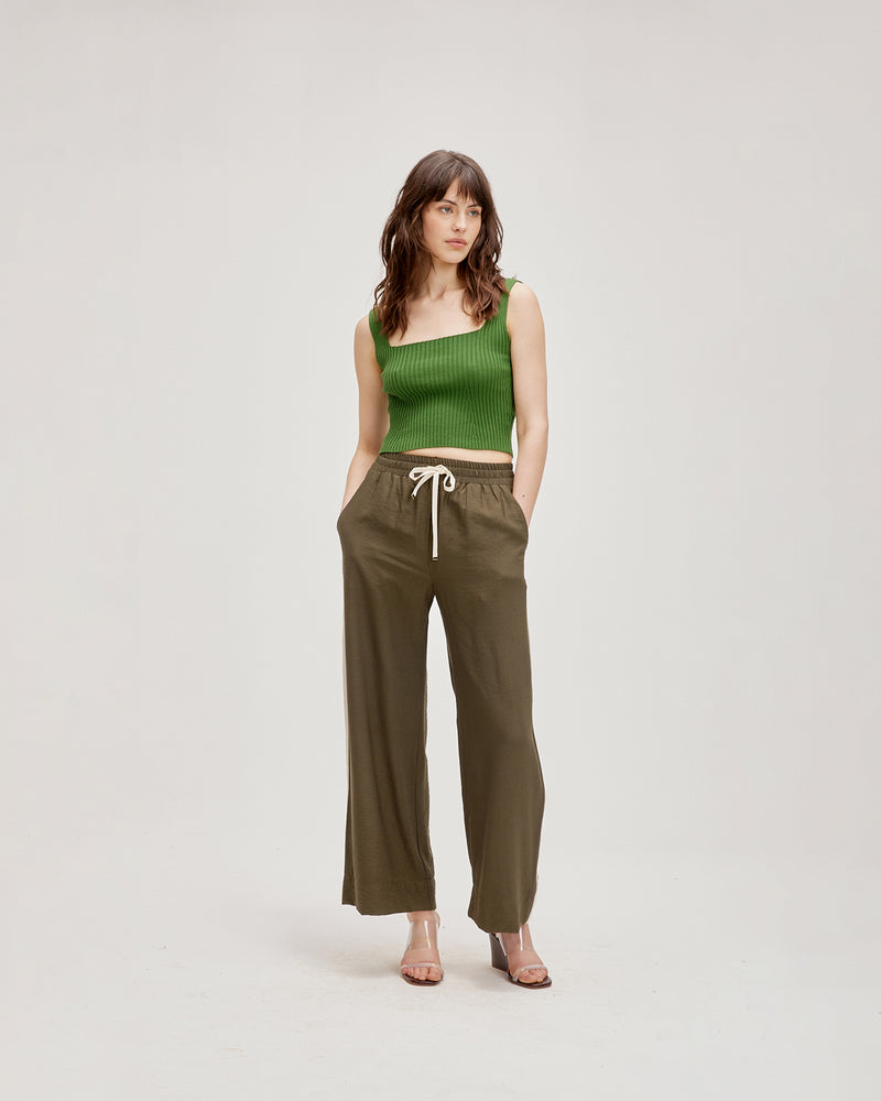  CADILLAC CROP OLIVE | Sleeveless crop top with a square neckline, made in a medium weight rib knit with stretch. A piece made for versatility, this top is both cute enough to go out...