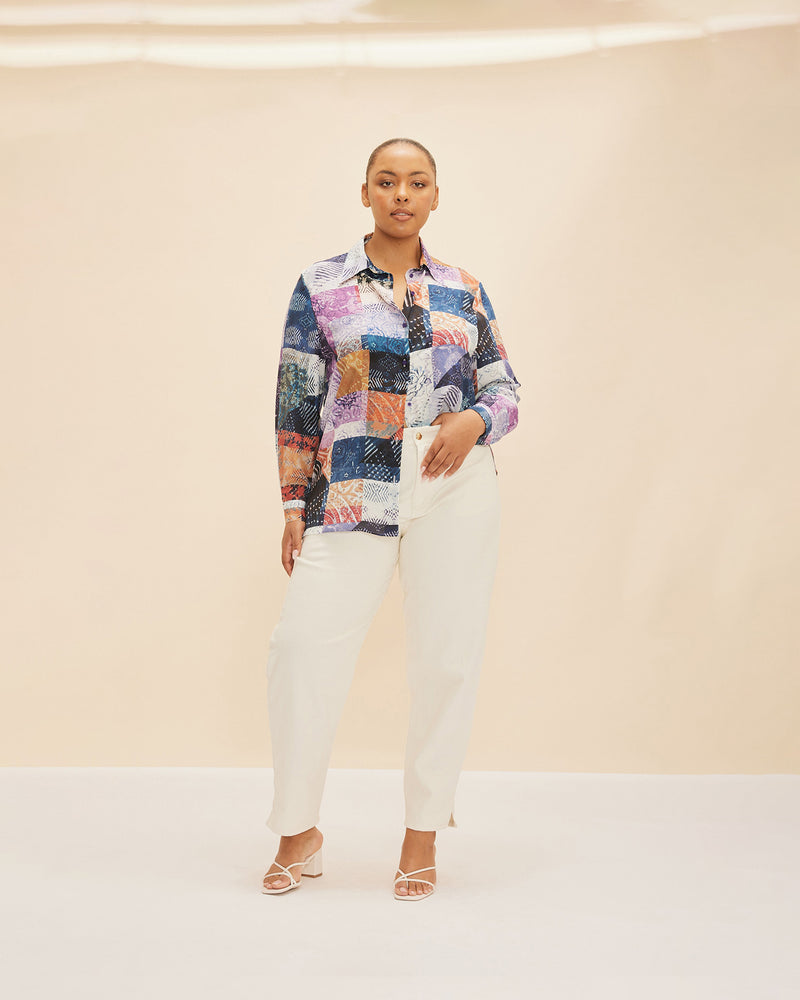 CHAPELLE SILK SHIRT PATCHWORK | Relaxed fit shirt with long sleeves designed in our RUBY patchwork print. A classic button-down design, wear this shirt on its own or as a layering piece.