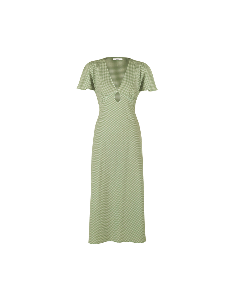 CLOVER MIDI DRESS OLIVE GINGHAM | V-neck midi dress with front keyhole detail, made in a lightweight cotton gingham. Fitted around the waist flowing to an A-line skirt, this dress is a timeless piece.