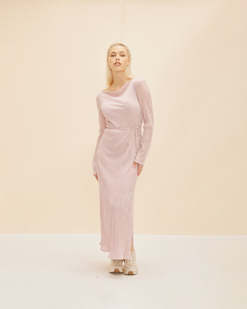 DIME SPARKLE DRESS PINK SPARKLE | Longsleeve midi dress, with a high boat neckline and a waist tie that can be used to cinch the waist. Crafted in a pleated pale pink fabric that is woven...