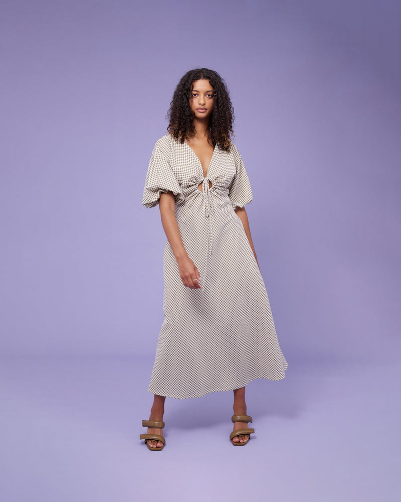 DONOVAN TIE DRESS OLIVE GINGHAM | Cotton A-line midi dress with short batwing sleeves and keyhole opening with a tie detail at the centre neckline. The tie can be used to cinch in your waist, the...