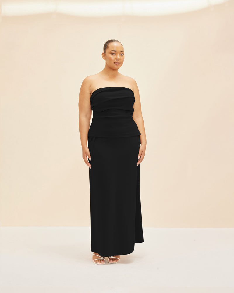 FIREBIRD BODICE BLACK | Bodice style top with pleated detail down the front, crafted in a crepe fabric that adds to the structure of the piece. In a strapless silhouette, this piece is darted...
