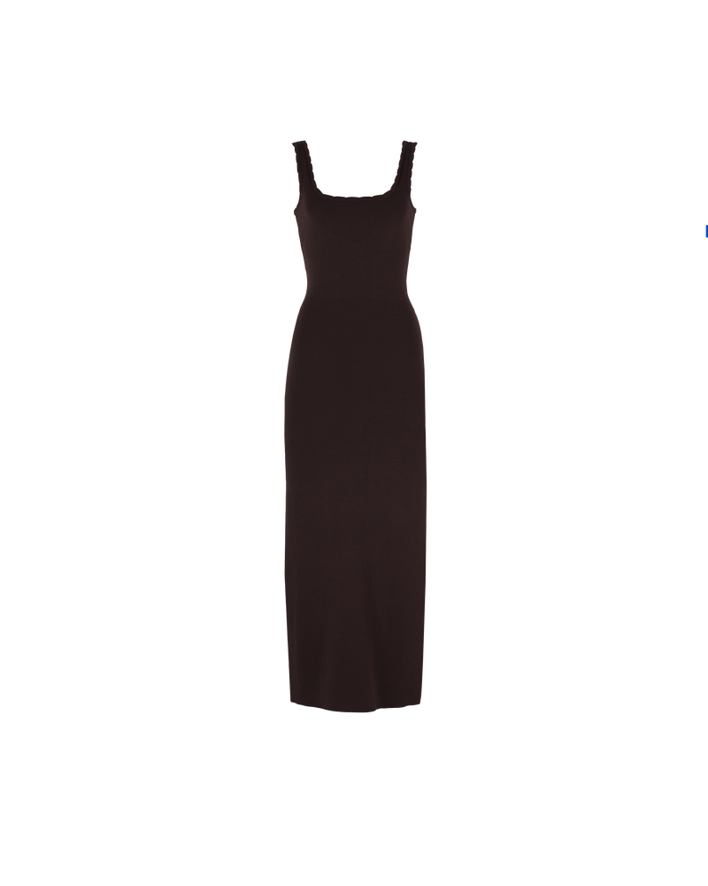 IMA DRESS CHOCOLATE | A new update on our much loved Ima Dress. Sleeveless maxi dress with a square neckline and scallop edging throughout, made in a medium weight rib knit. This dress has...