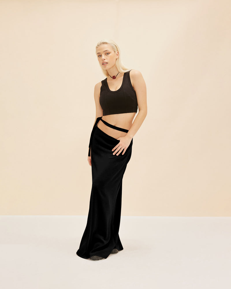FIREBIRD TIE MAXI SKIRT BLACK | Tie waist maxi skirt cut in our signature Firebird fabric that can be tied to sit low, mid or highwaisted. Elevated by the waist tie, this piece is a modern...