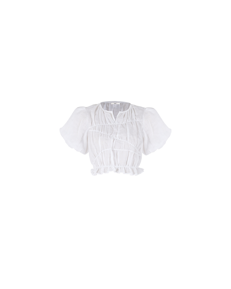 LILLIE TOP WHITE | Elasticated crop blouse with puff sleeves and a frill hem, made from a delicate translucent ramie voile. The elastic detail creates texture in the piece, and contrasts with the gauzy...