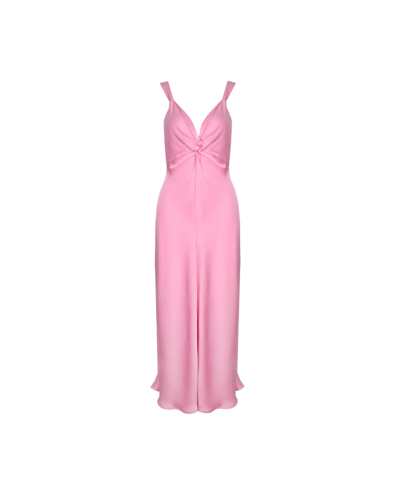 MAUDE SATIN SLIP  CANDY | Bias cut slip dress with a twisted bodice forming a V neckline and wide shoulder straps, in a luxe candy satin. With a seam detail under the bust, this piece...