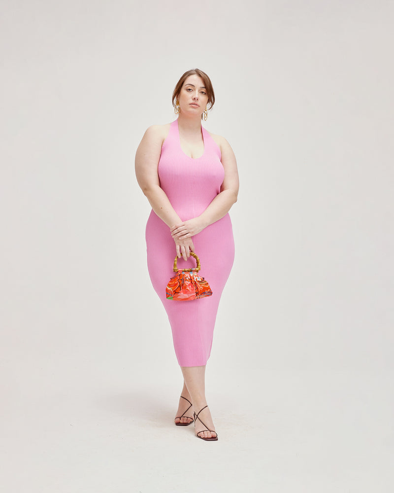 MILANO HALTER DRESS PINK | Halter neck midi dress, crafted in ribbed fabric with stretch designed to fit to form. In a soft pink, this is a stand-alone piece that is made to be admired.