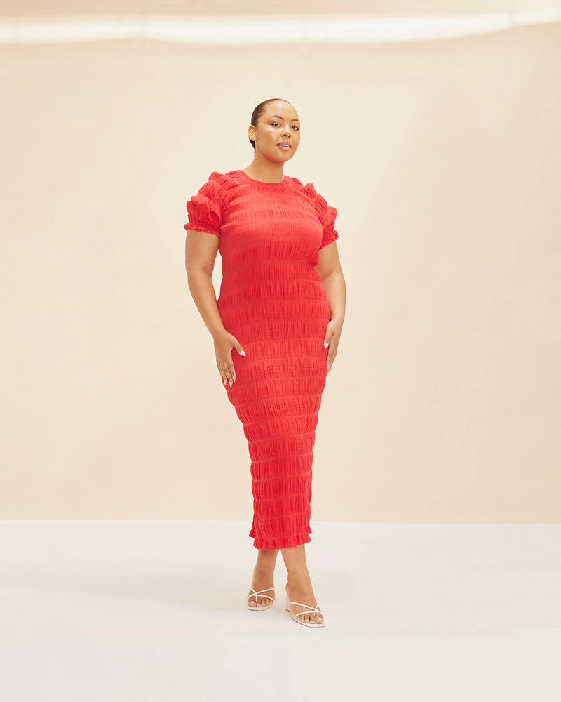 MIRELLA T-SHIRT DRESS CHILLI | The Mirella T-Shirt Dress is a crewneck fitted maxi dress. It features elasticated short puff sleeves and a keyhole closure at the back secured with two buttons. Made in signature...