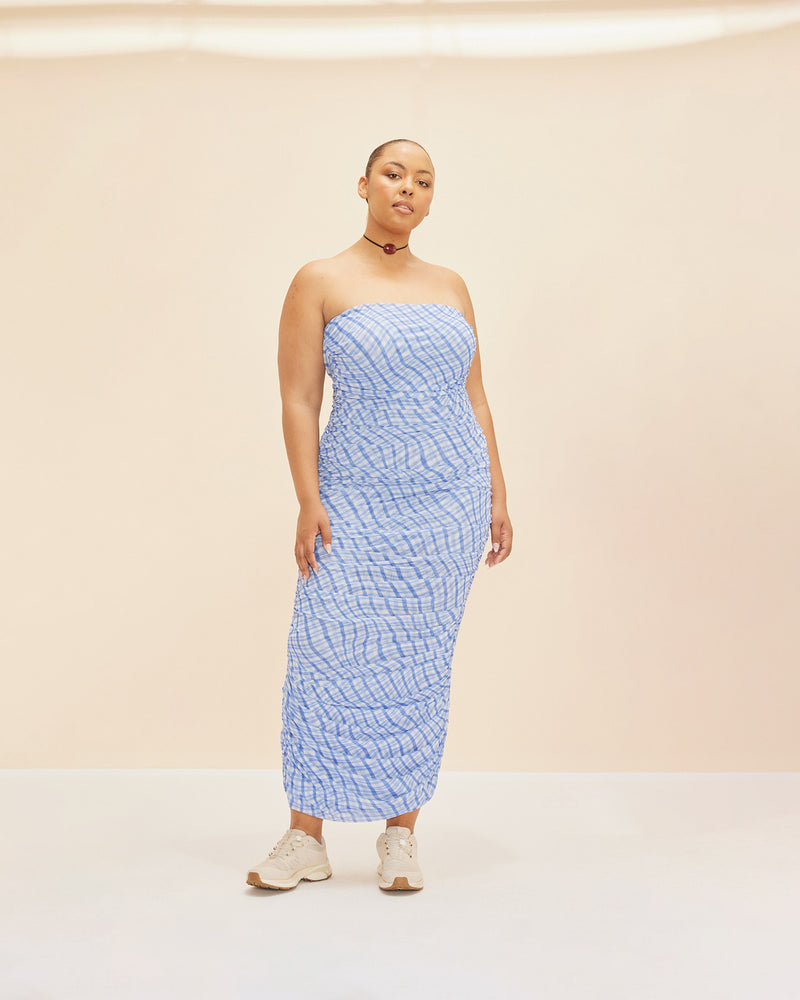 NEPTUNE MESH DRESS BLUE CHECK | Form fitting sleeveless tube dress in our RUBY blue waves mesh with gathered side seams that create ruching that gently accentuate the contours of your silhouette. Created in a stretchy...