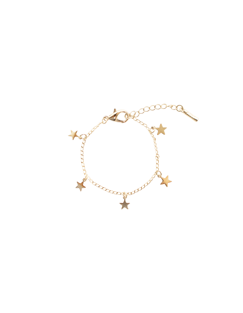 NIGHT SKY BRACELET GOLD | Fine chain bracelet with star pendant detailing and adjustable chain closure. This piece delicately frames the wrist while the stars twinkle with every movement.
