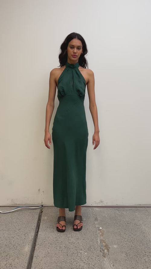 chinese dress ladies GIGI LINEN HALTER DRESS EMERALD