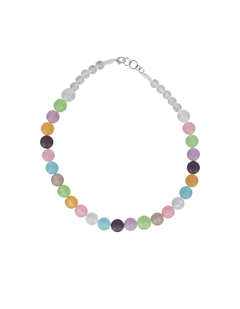 EFFI NECKLACE MULTI | Multi-coloured frosted glass bead necklace with a sterling silver clasp, handmade in New Zealand. Each necklace has its own unique combination of beads.