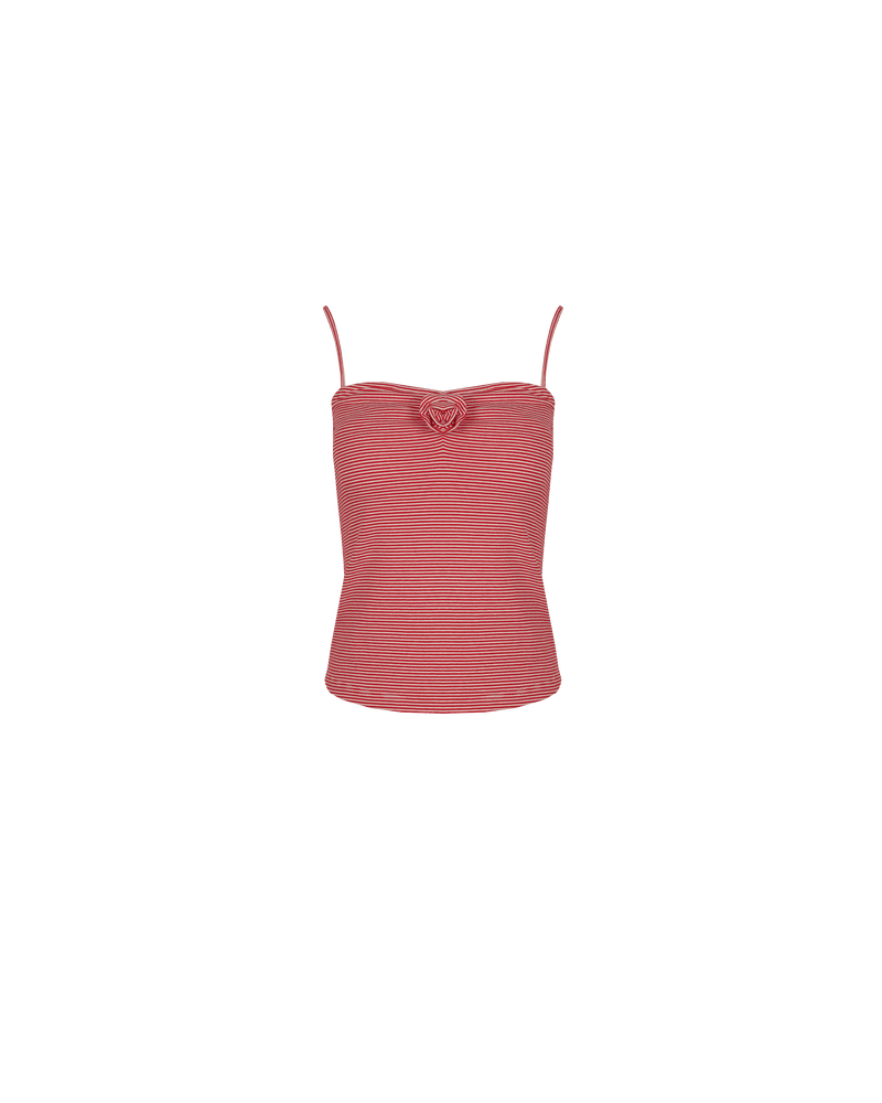 ROSETTE TANK CHERRY STRIPE | Spaghetti strap singlet with a feature rosette at the center front. Designed in a cherry-striped knit, this elevated basic will fit itself perfectly into your wardrobe.