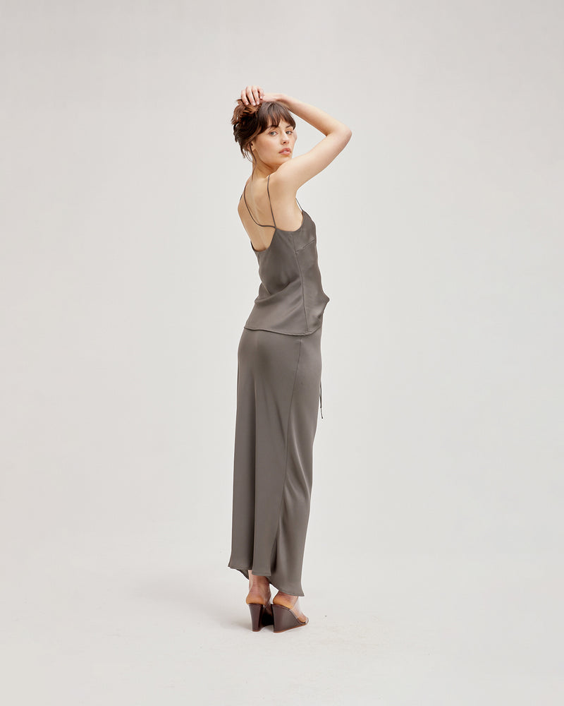 SOLAR SATIN CAMISOLE CHARCOAL | Asymmetrical strappy camisole with a low back designed in a luxe charcoal satin. The thin straps and bias cut give this camisole a delicate look.