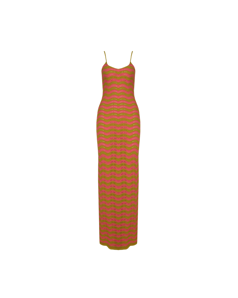 PARADISO MAXI DRESS GRAPEFRUIT GRASS |  Crochet maxi dress designed in a pink and green wavy knit. Features a scallop detail at the hem to compliment the wavy crochet pattern.