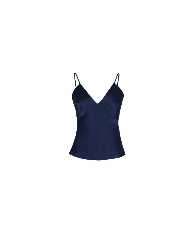 WEIRDER CAMISOLE NAVY | The Weirder Camisole is a bias-cut camisole with adjustable shoestring straps. It features a V-neckline and has a soft silky texture with slight stretch.